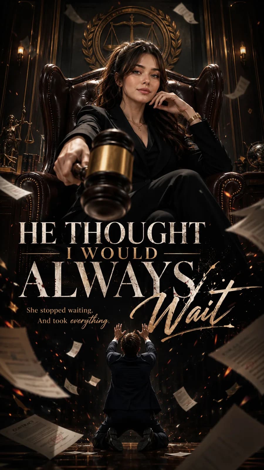 《He Thought I Would Always Wait》项目海报，Yara 坐在审判椅上重新掌控事业与人生
