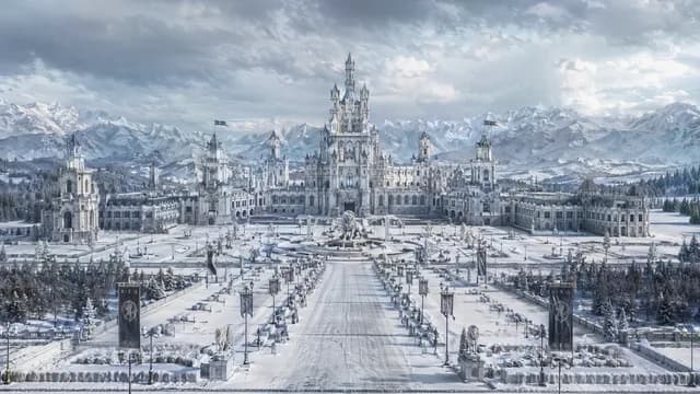 雪山环绕的白狮城堡外景概念图