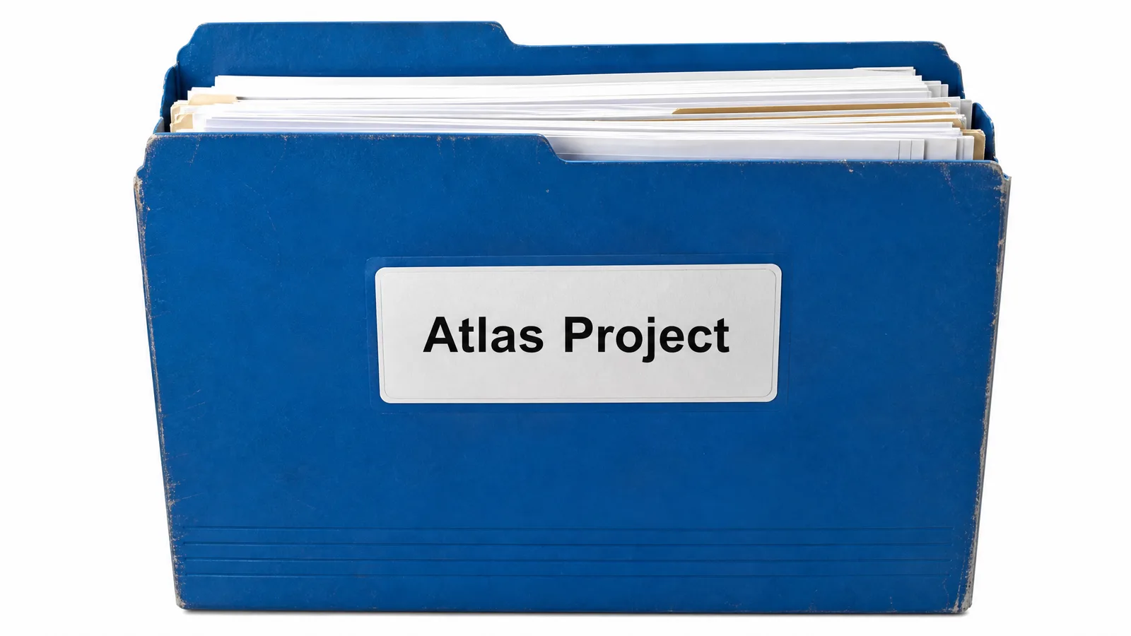 装有 Atlas 项目资料的蓝色文件盒